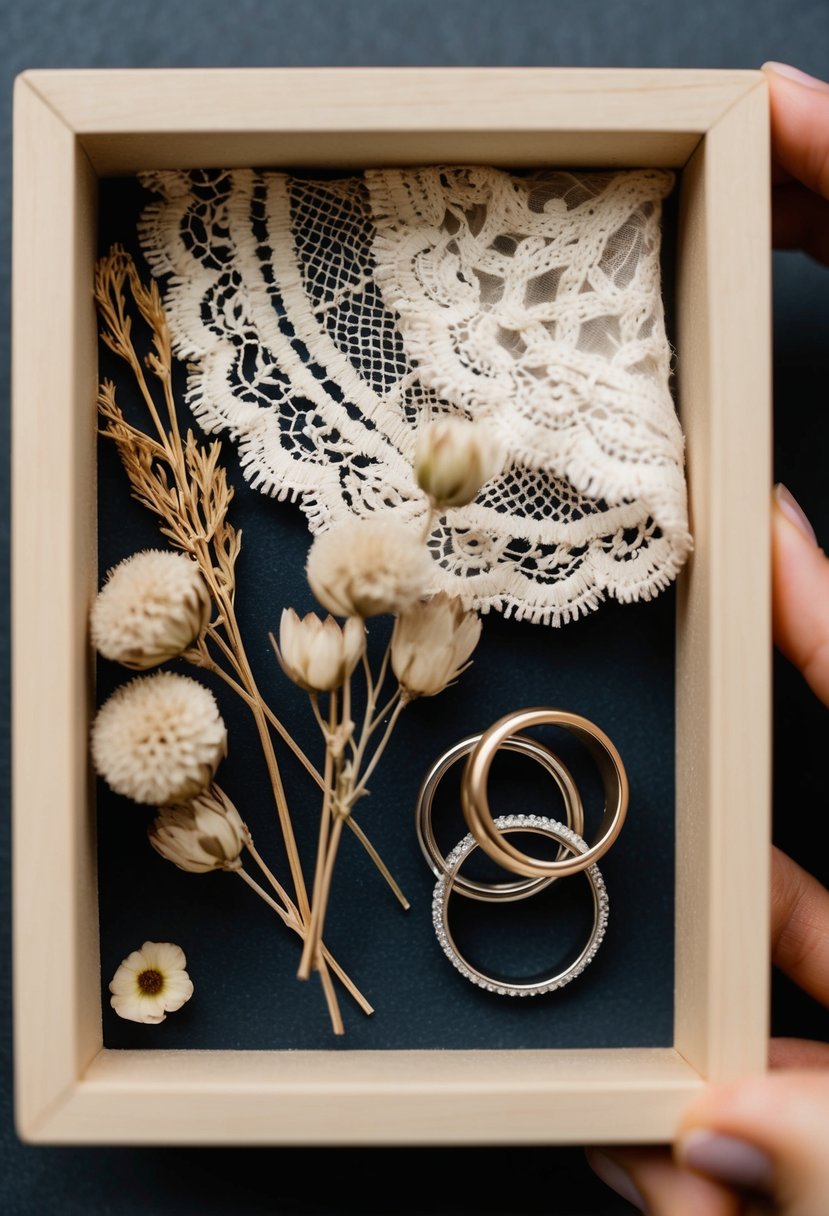 A shadow box filled with delicate lace, dried flowers, and a pair of intertwined wedding rings