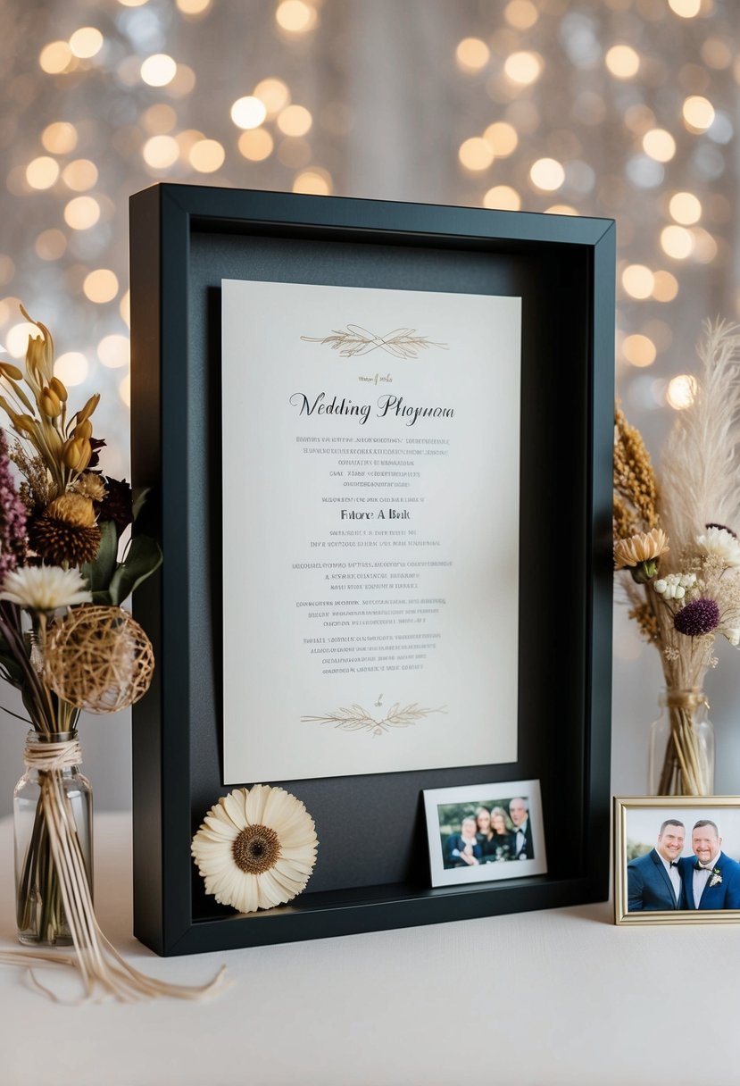 A shadow box displays a wedding program alongside dried flowers, a photo, and other memorabilia