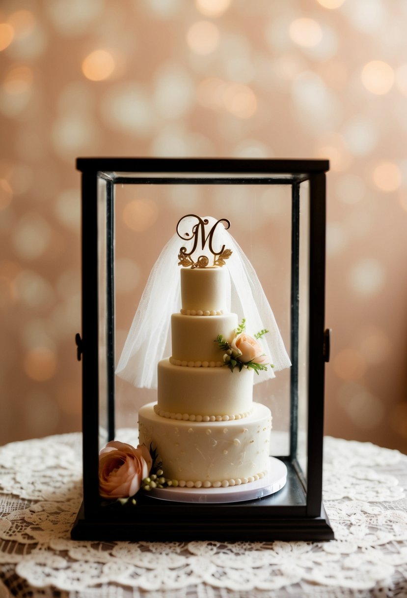 A small shadow box with a miniature wedding cake topper displayed on a lace background with silk flowers and a tiny veil