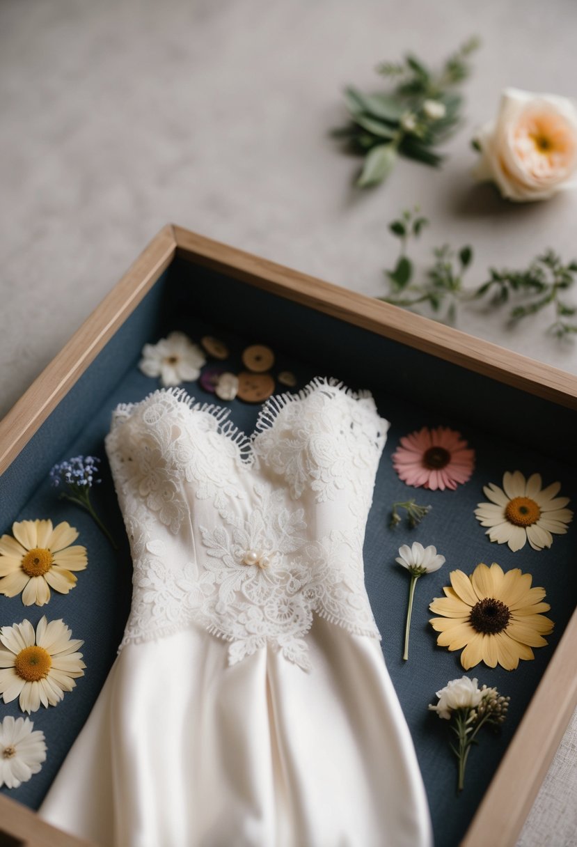 A delicate swatch of lace and satin from the bride's dress is carefully arranged in a shadow box, surrounded by pressed flowers and other mementos from the wedding day