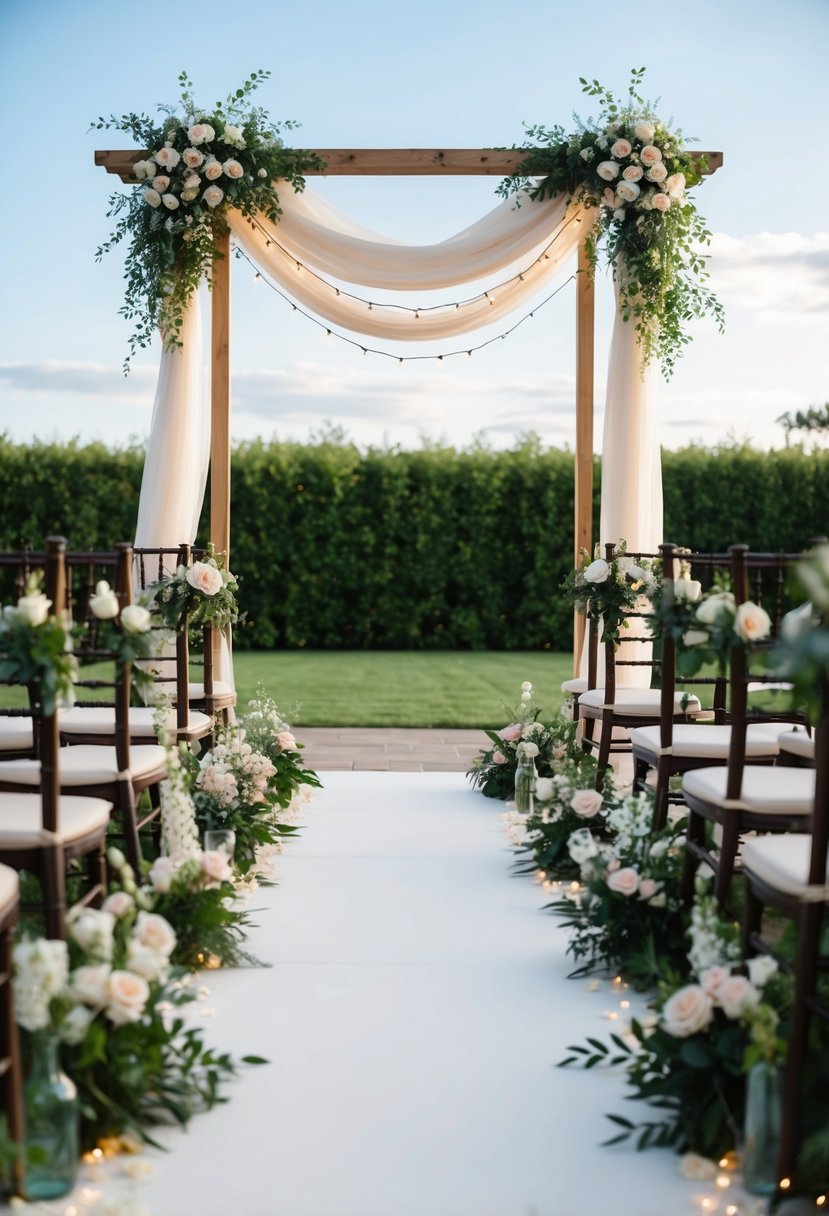 A flower-lined aisle leading to an arch adorned with draped fabric and twinkling lights, set against a backdrop of lush greenery and a clear blue sky