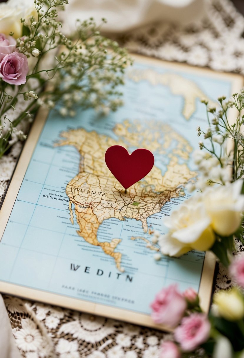 A vintage map with a heart marking the wedding location, surrounded by delicate flowers and lace