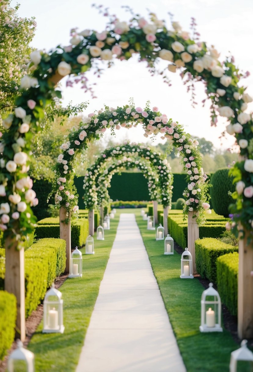 A lush garden pathway lined with blooming floral archways creates a picturesque outdoor wedding aisle