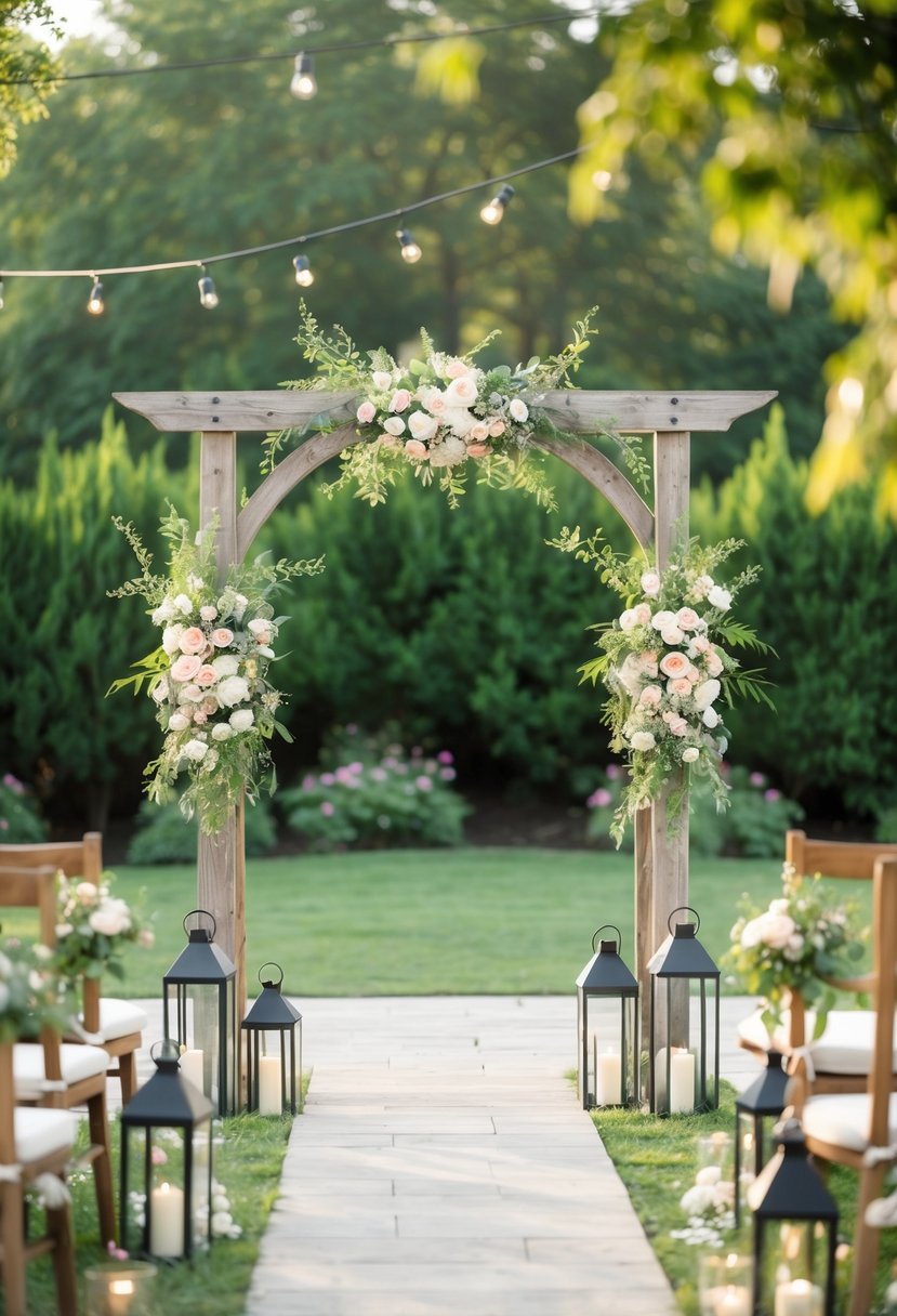 A serene garden with a rustic wooden arch adorned with flowers, surrounded by lanterns and greenery, set for a simple outdoor wedding