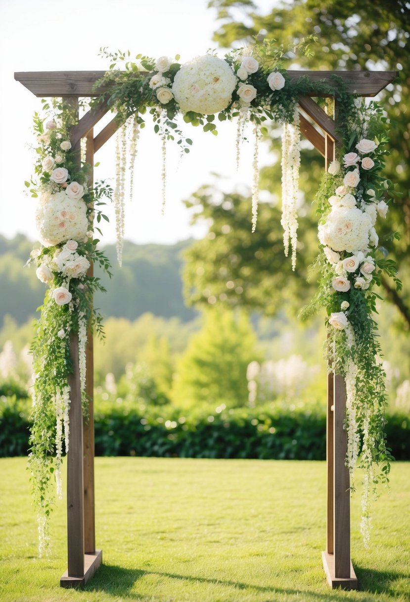 A rustic wooden wedding arch adorned with cascading flowers set against a backdrop of lush greenery and soft sunlight