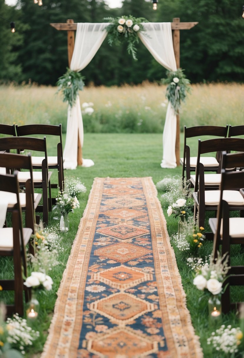 A rustic outdoor wedding aisle lined with vintage rugs and wildflowers, leading to a simple wooden arch adorned with flowing fabric and twinkling lights