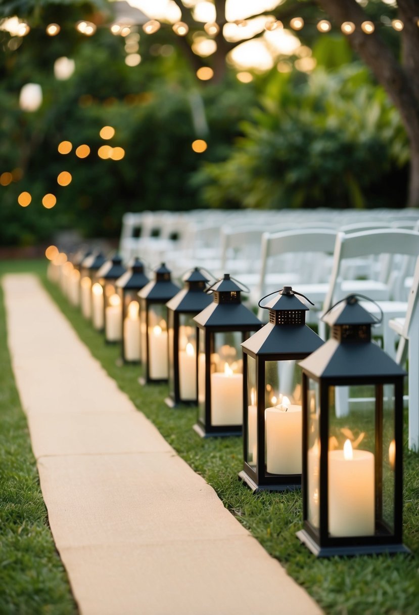 Hurricane lanterns line a lush outdoor wedding aisle, casting a warm glow on the path