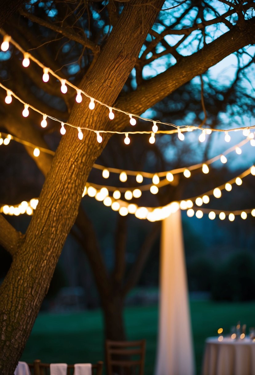 Fairy lights drape across tree branches, casting a warm glow over a simple outdoor wedding setting