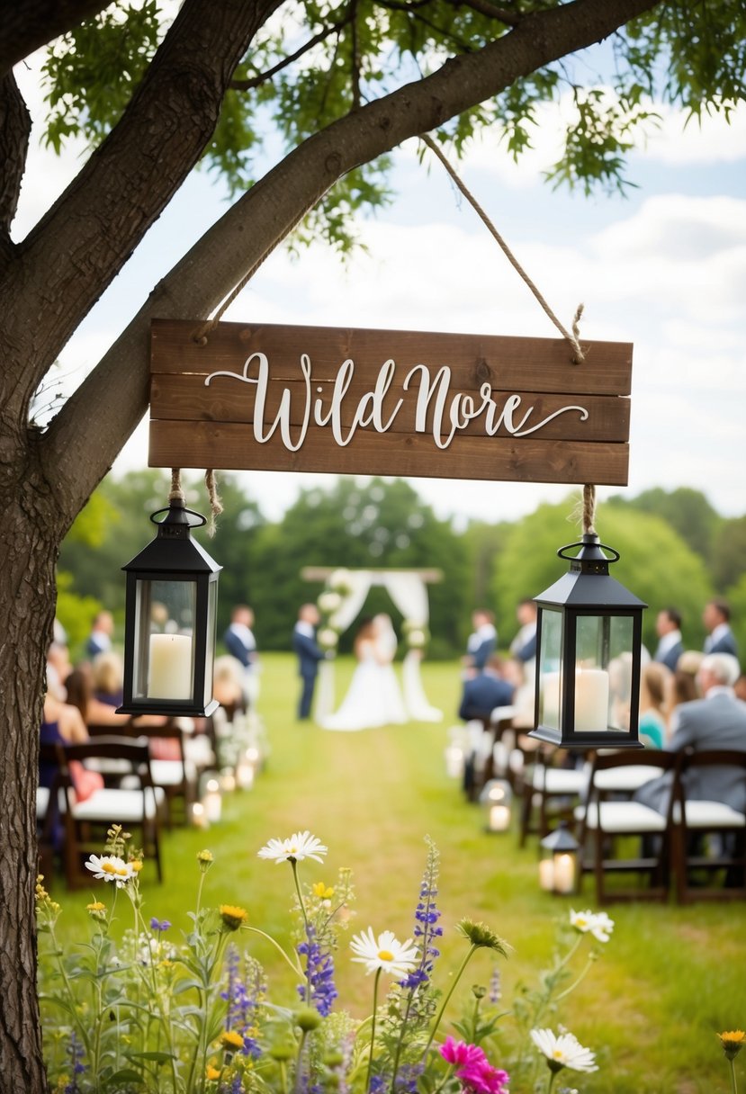 A rustic wooden sign hanging from a tree, surrounded by wildflowers and lanterns, with a picturesque outdoor wedding setting in the background