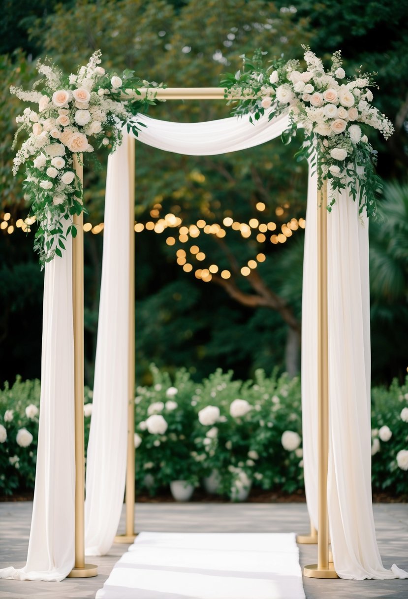 A grand white and gold wedding arch adorned with flowers and draped fabric, set against a backdrop of lush greenery and twinkling lights