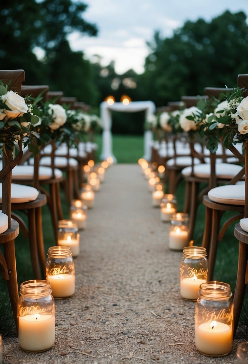 A rustic outdoor wedding with mason jar candle holders lining the aisle