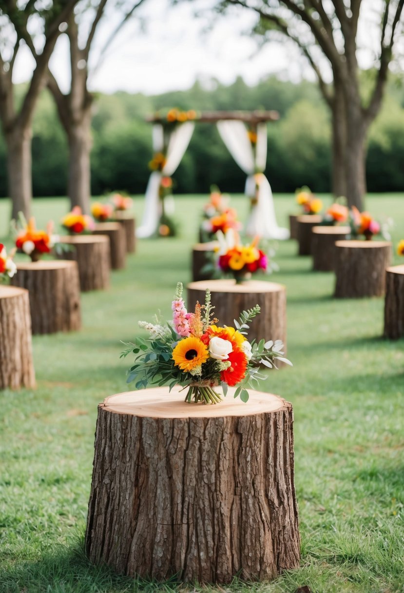 Tree stumps adorned with vibrant flowers line a rustic outdoor wedding aisle