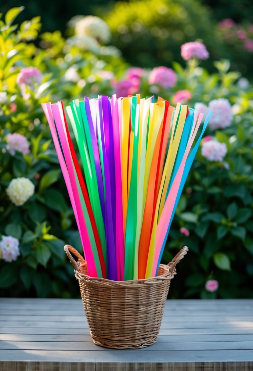 Colorful ribbon wands arranged in a basket, set against a backdrop of lush greenery and blooming flowers