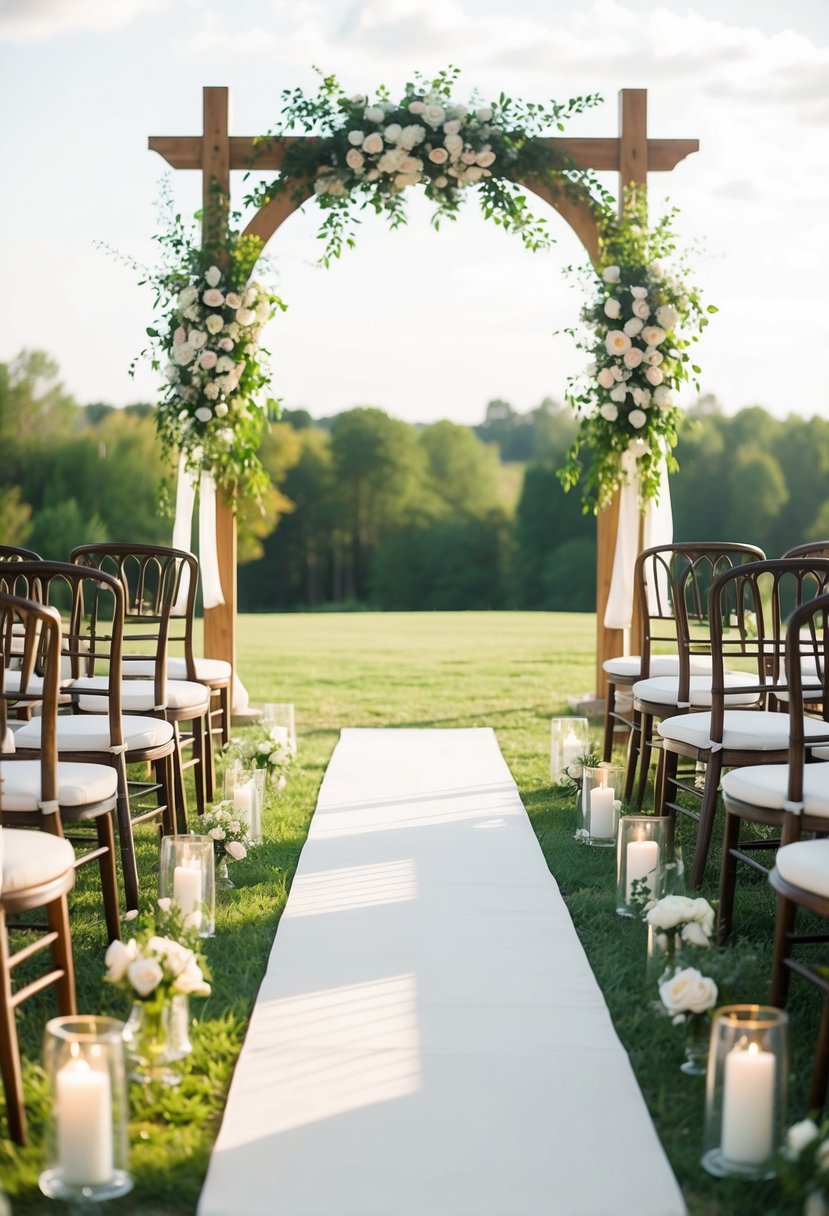 An elegant outdoor wedding aisle with a custom aisle runner leading to an arch adorned with flowers and greenery