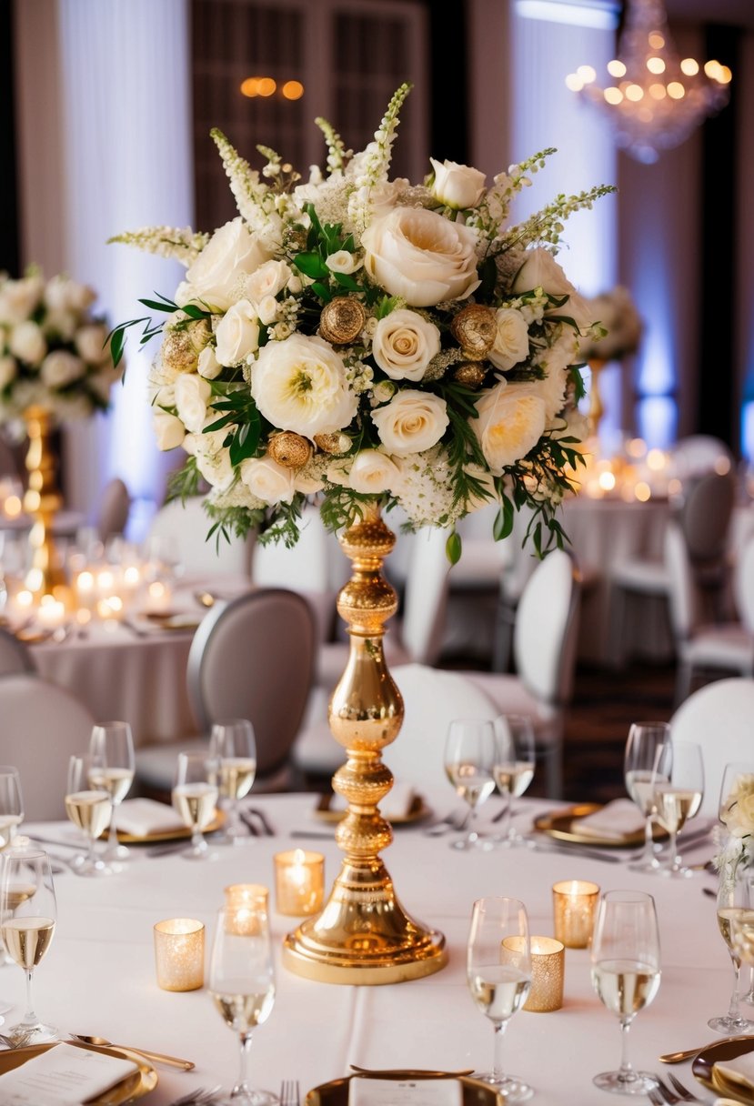 Glistening gold and white floral centerpieces adorn a lavish wedding reception