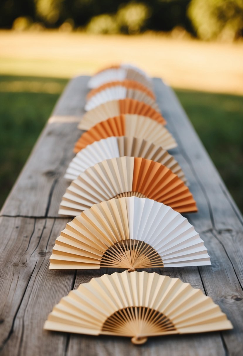 A collection of handmade paper fans arranged on a rustic outdoor wedding table