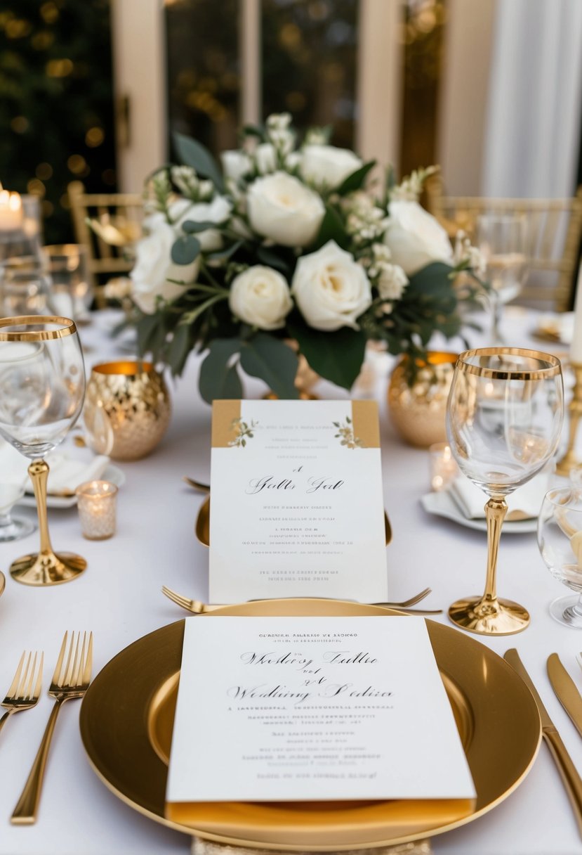 A table adorned with elegant white-and-gold wedding invitations, surrounded by gold and white wedding decor