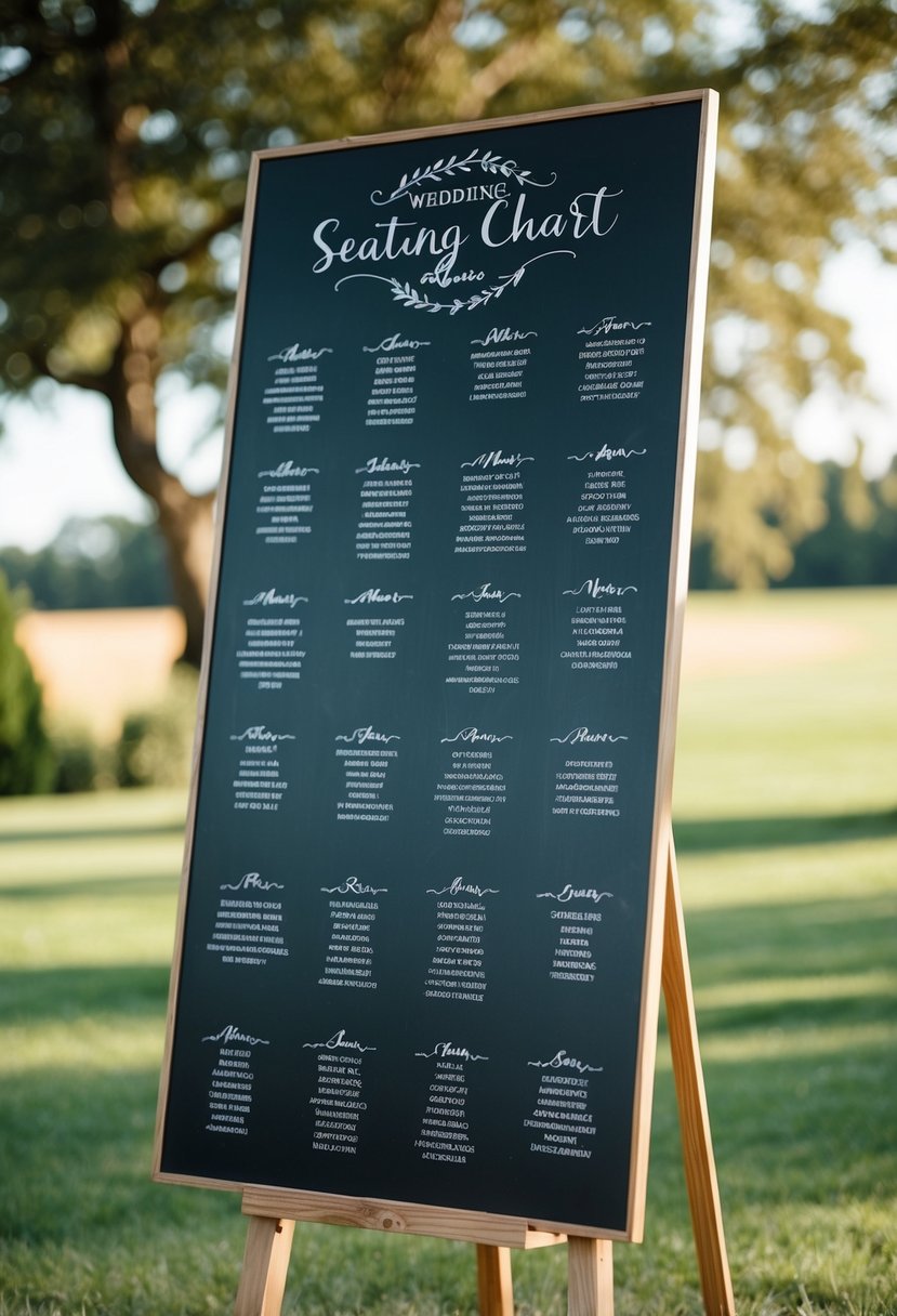 An outdoor wedding scene with a simple chalkboard seating chart displayed in a rustic setting