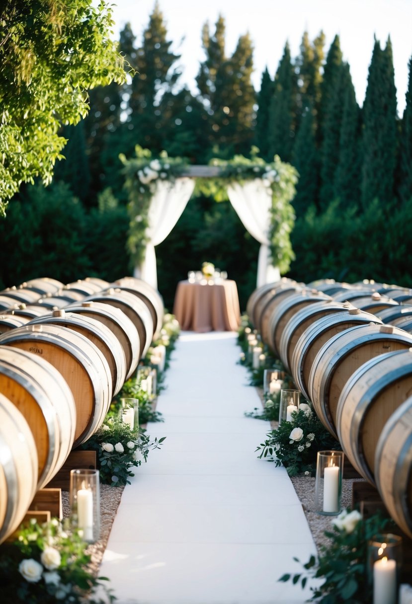 Wine barrels line an outdoor wedding aisle, adorned with rustic decor and surrounded by lush greenery