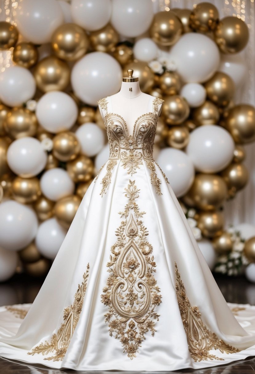 A white bridal gown adorned with intricate gold embroidery, set against a backdrop of elegant gold and white wedding decor