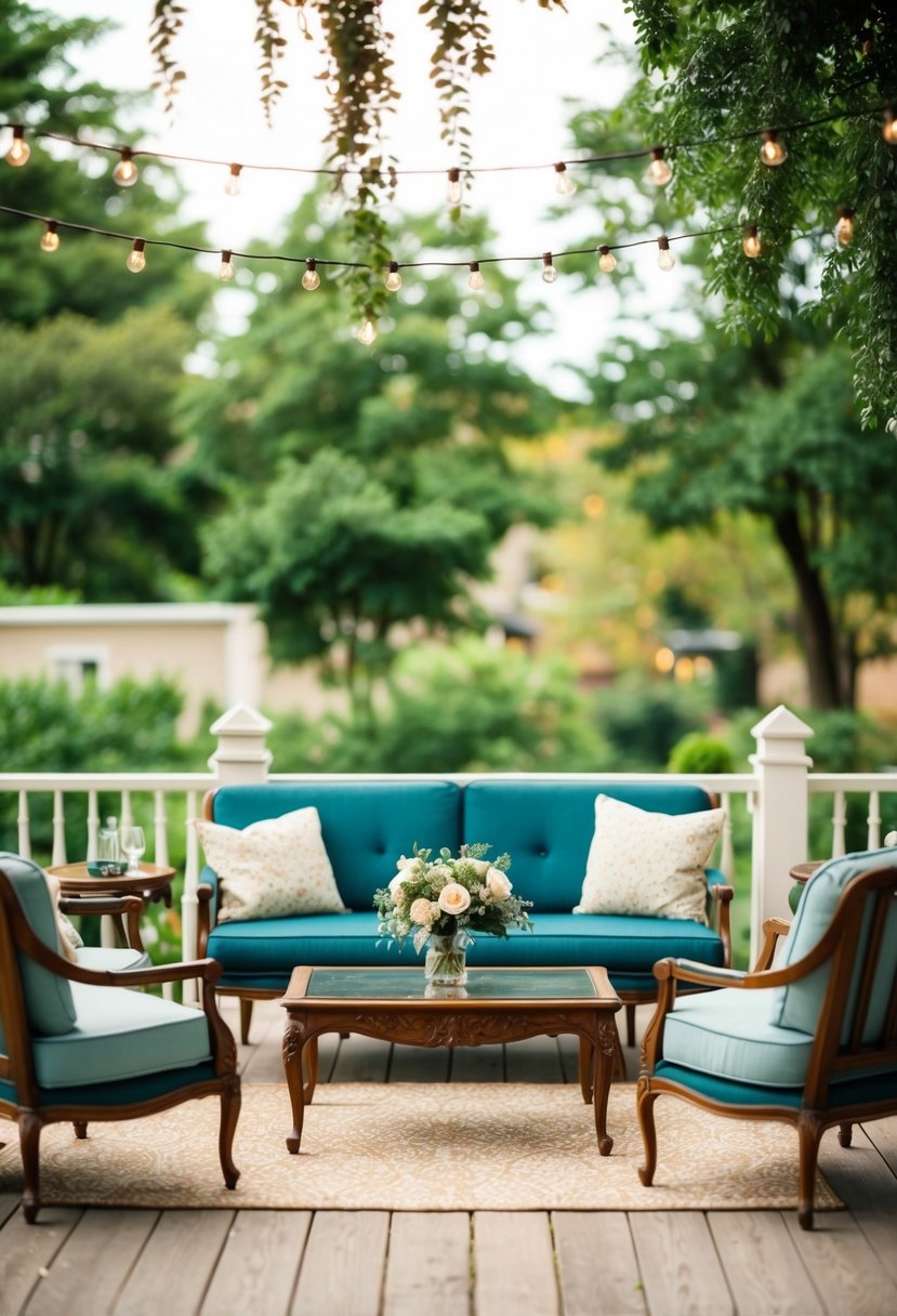 A cozy outdoor lounge area with vintage furniture for a simple wedding