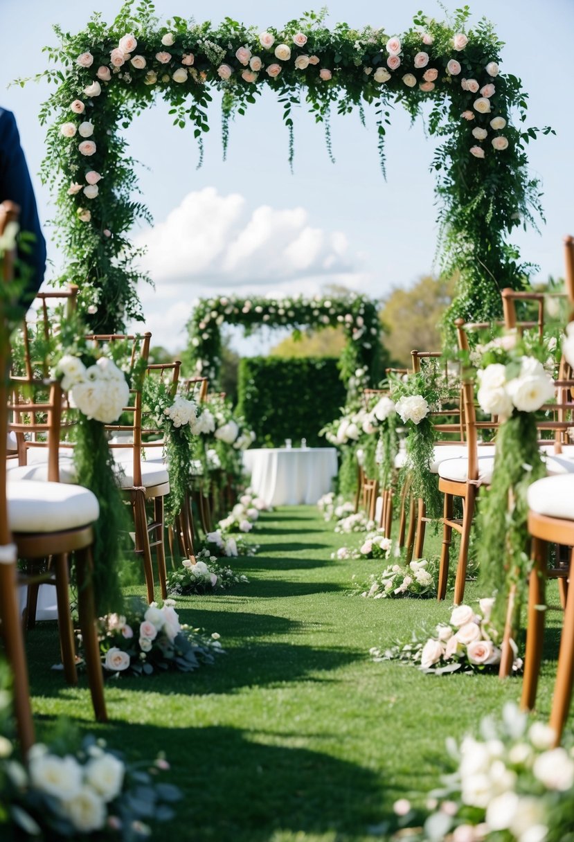 A lush outdoor wedding aisle lined with greenery garlands and delicate blooms