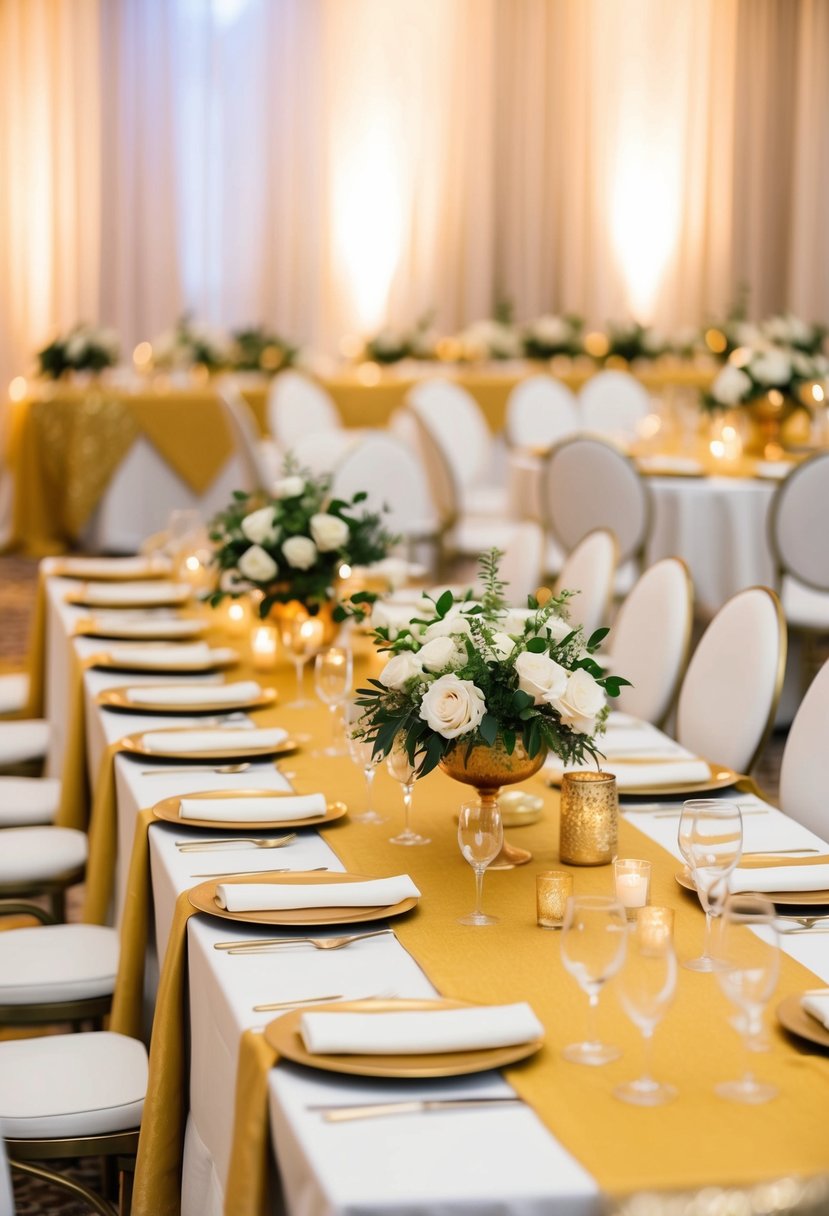 Golden table runners lay on white linens, creating an elegant and luxurious setting for a wedding reception