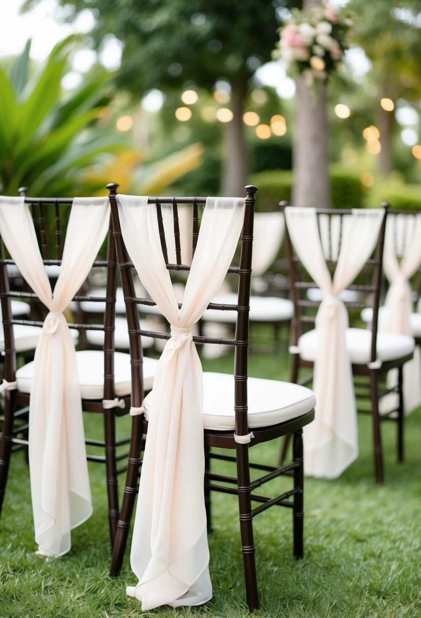 Chiffon chair sashes fluttering in the breeze along a lush outdoor wedding aisle