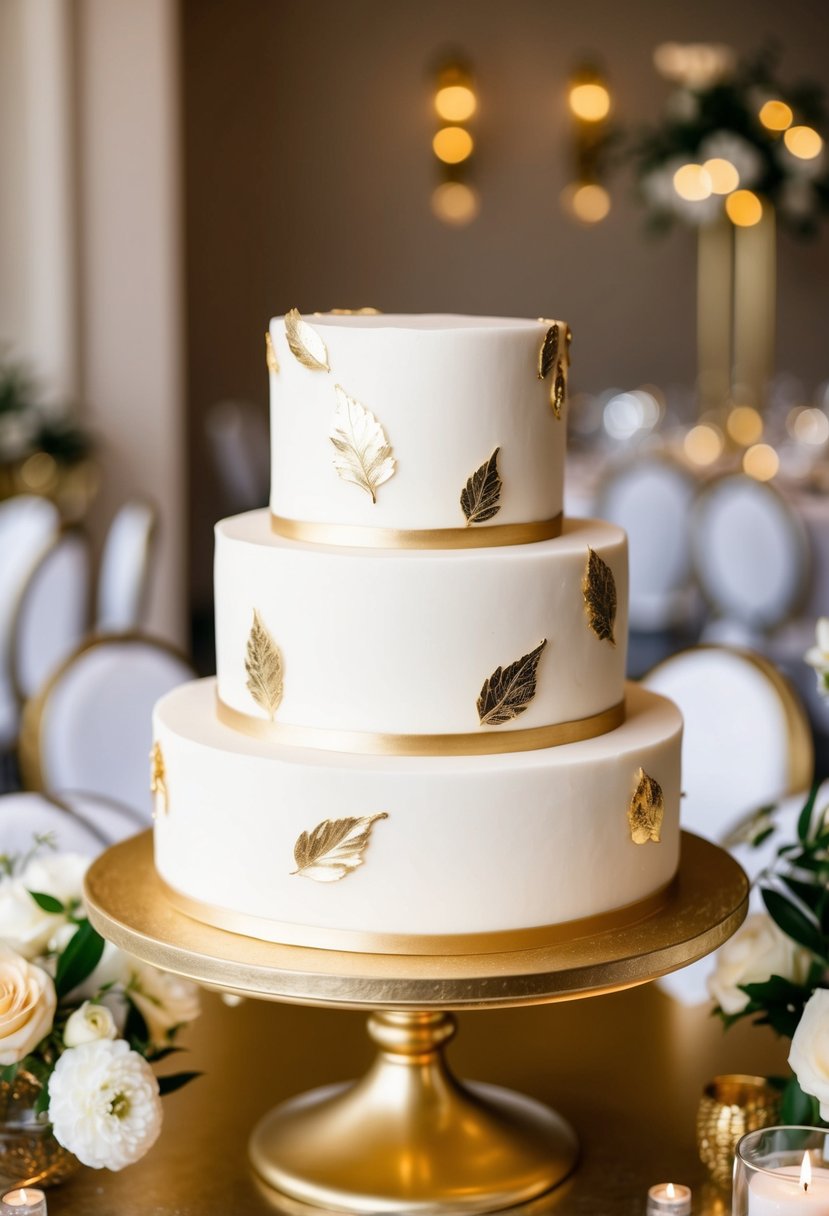 A white wedding cake adorned with delicate gold leaf accents sits on a golden cake stand, surrounded by elegant gold and white wedding decor