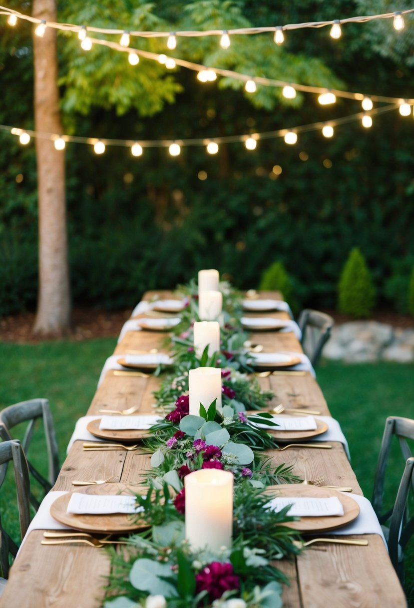 A rustic wooden table adorned with floral garland runners, set against a backdrop of lush greenery and twinkling string lights