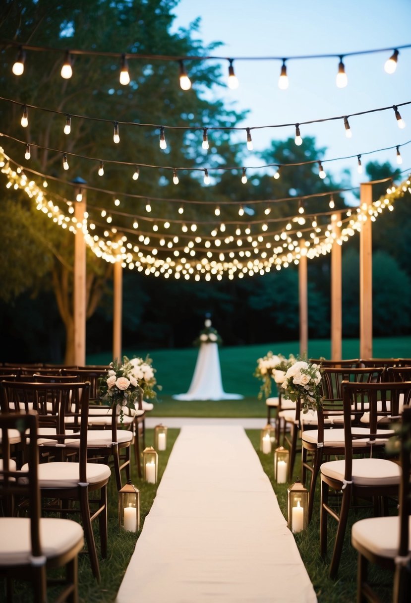 The outdoor wedding aisle is adorned with overhead string lights, creating a warm and romantic atmosphere