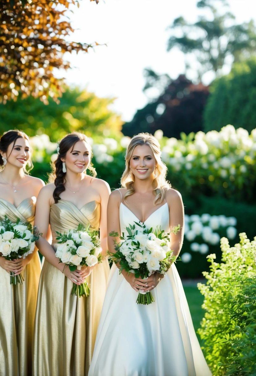 Gold bridesmaid dresses with white bouquets in a sunlit garden