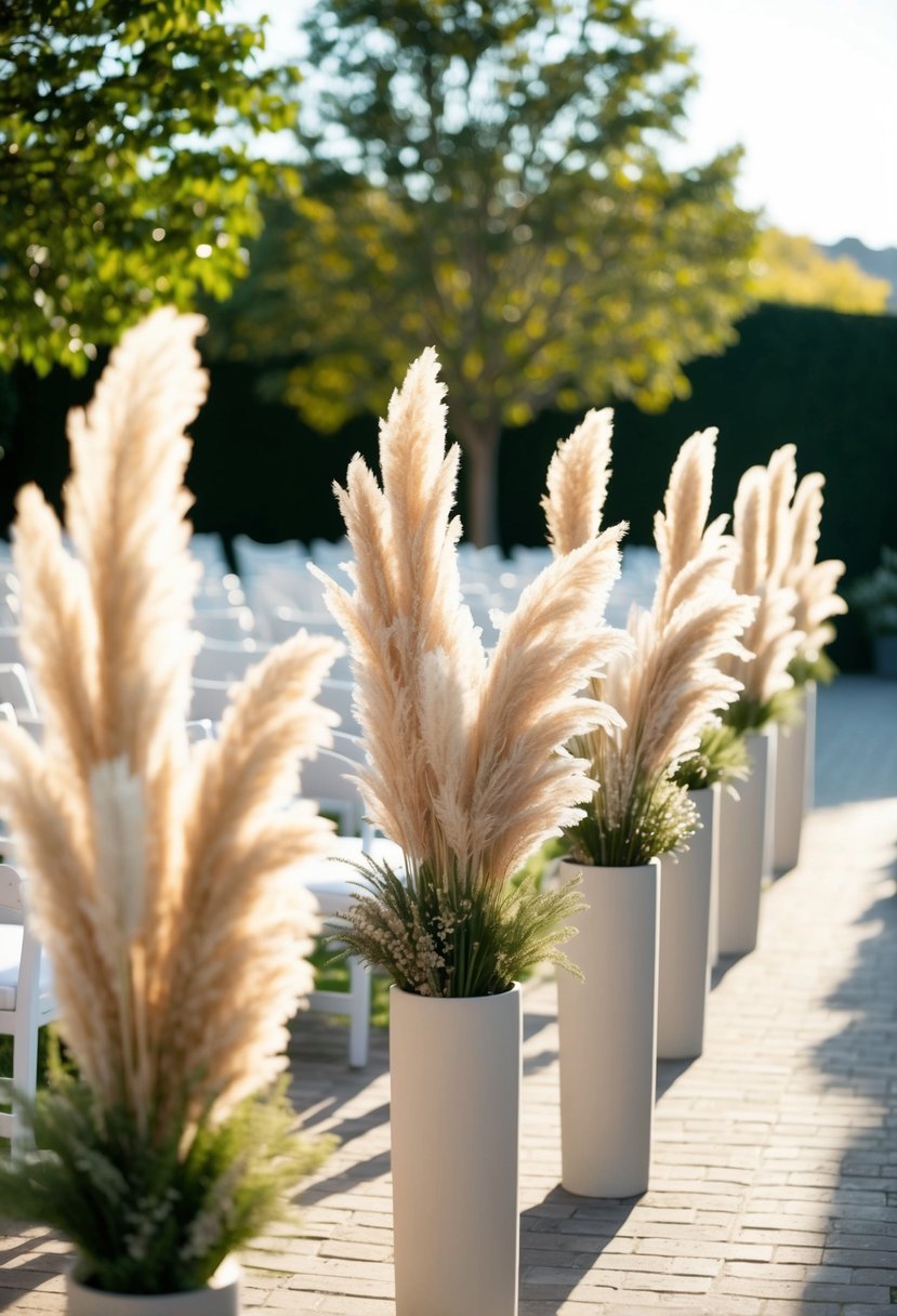 Pampas grass arranged in tall vases lining a sunlit outdoor wedding aisle