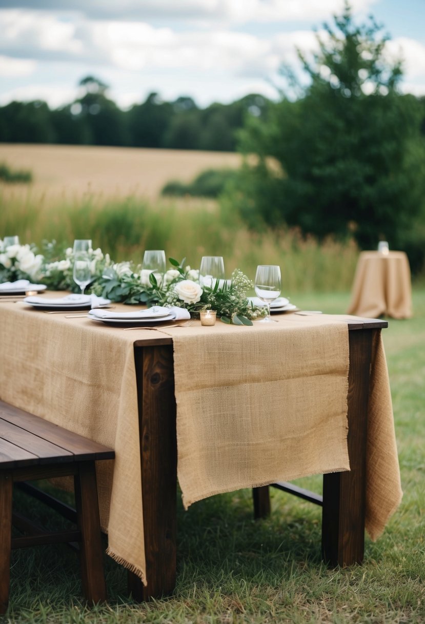 Rustic burlap tablecloths drape over wooden tables in an outdoor wedding setting, with simple decor and natural surroundings