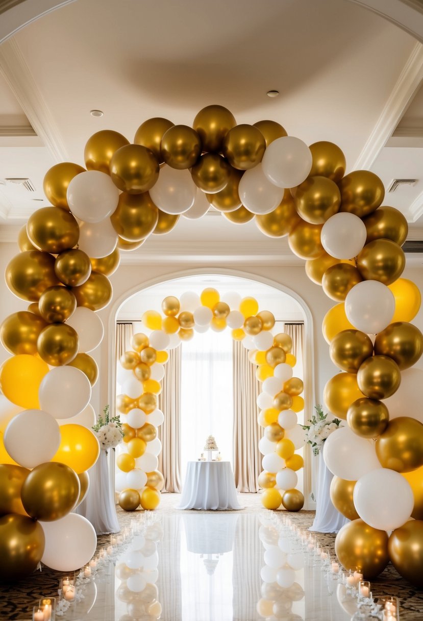 A grand archway of gold and white balloons, creating an elegant and festive atmosphere for a wedding celebration