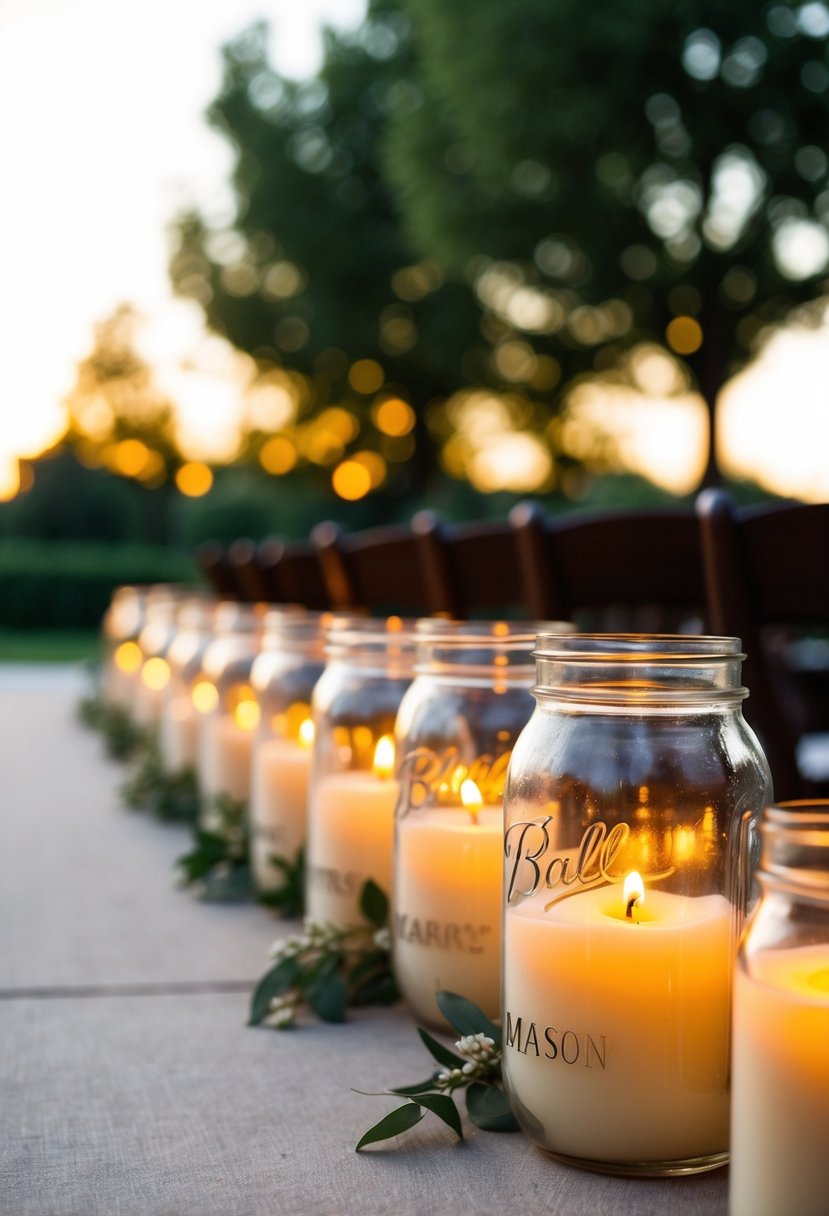 Mason jars with candles line the outdoor wedding aisle, casting a warm glow in the evening light