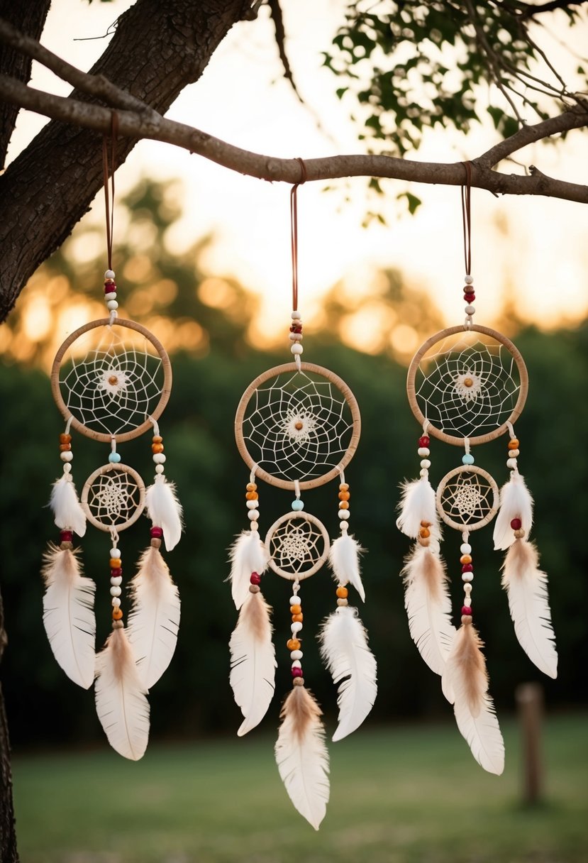 A rustic outdoor wedding with boho dreamcatchers hanging from tree branches