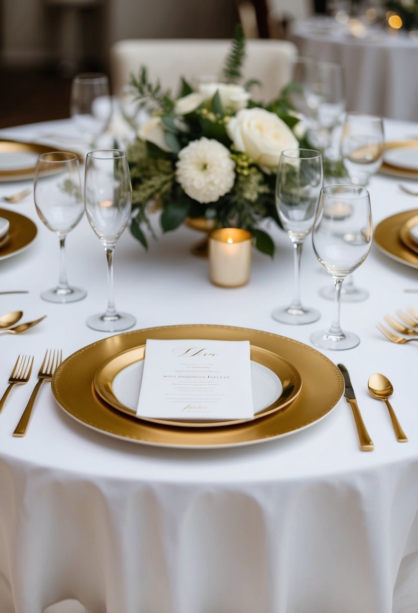 A white table set with gold charger plates, evoking an elegant and luxurious wedding aesthetic