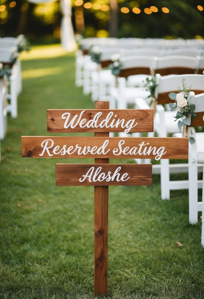 Wooden signs mark reserved seating along a rustic outdoor wedding aisle