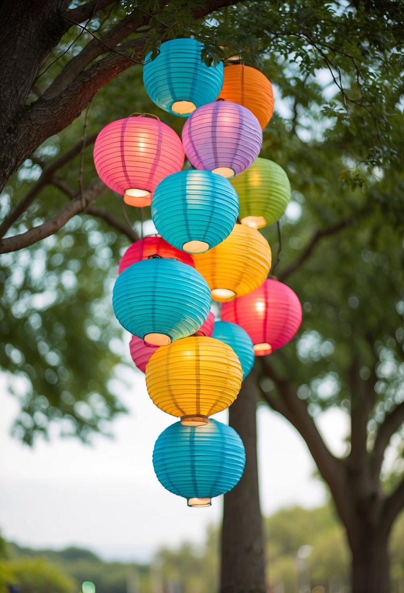 Colorful paper lanterns hang from trees at an outdoor wedding