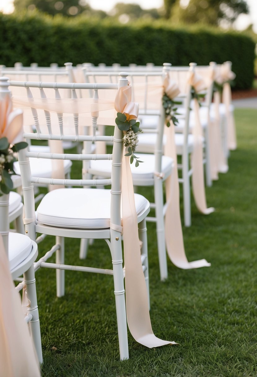 Chairs with ribbons line an outdoor wedding aisle