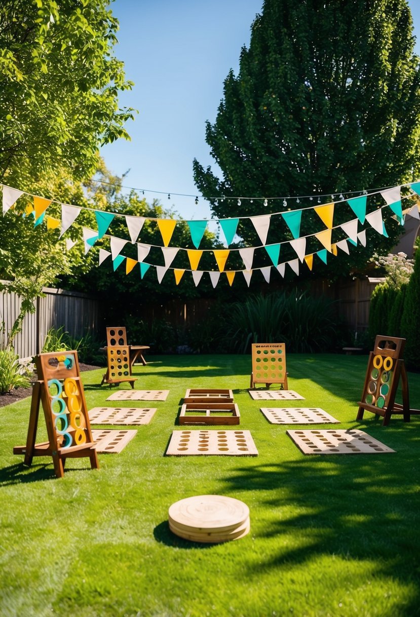 A sunny backyard with a grassy lawn, adorned with colorful bunting and set up with various lawn games like cornhole, giant Jenga, and ring toss for an outdoor wedding celebration