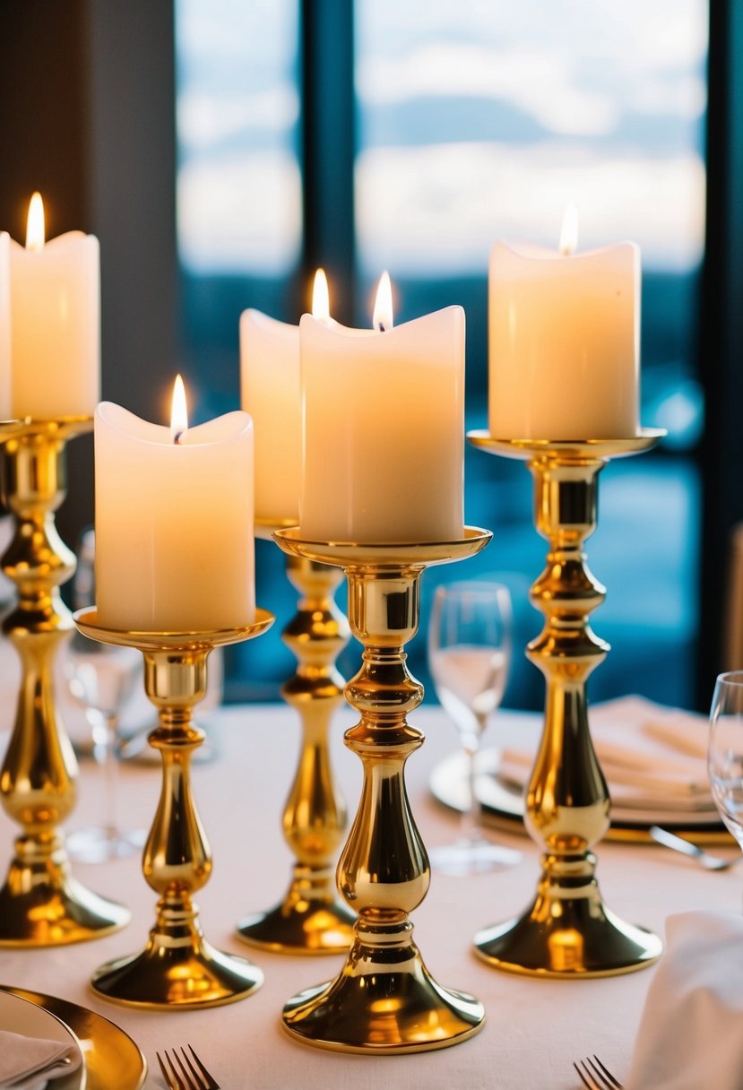 Gold candle holders with lit white candles arranged on a table for a luxurious wedding setting