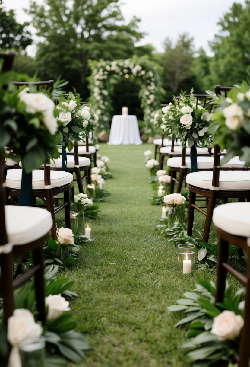 Lush greenery and flowers line the outdoor wedding aisle, creating a natural and romantic atmosphere