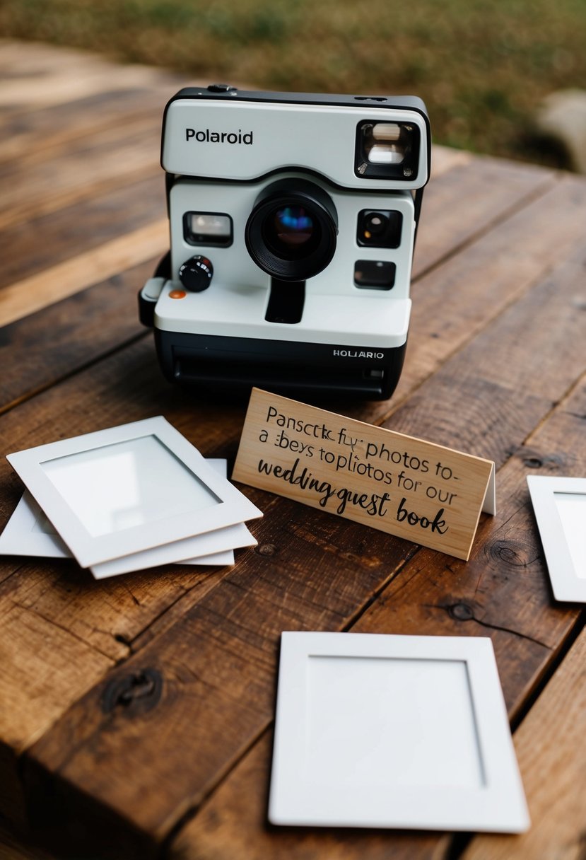 A rustic wooden table with a vintage polaroid camera, blank polaroid frames, and a sign for guests to take photos for a wedding guest book