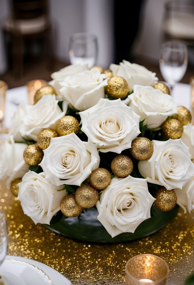 White roses adorned with gold glitter, arranged in a lavish wedding centerpiece