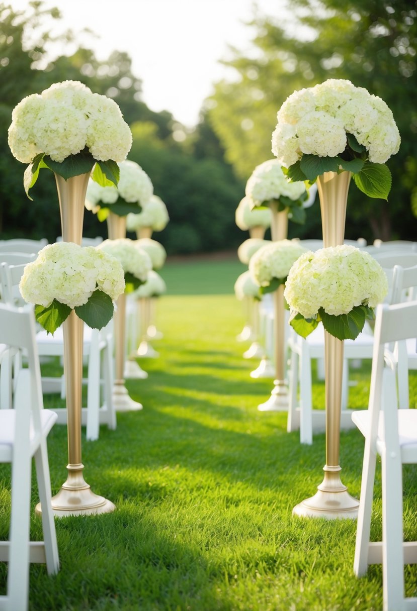 Tall hydrangea stands line a sunlit outdoor wedding aisle, creating a lush and romantic atmosphere