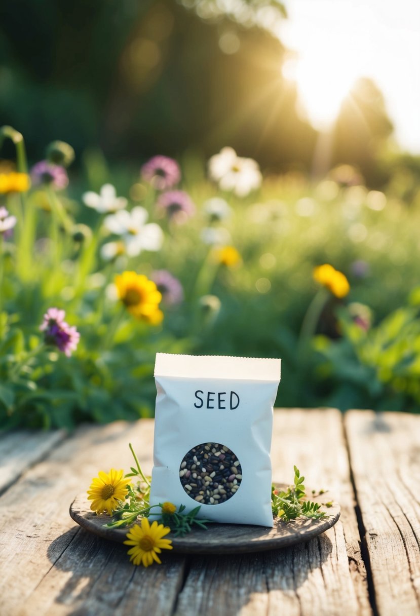 A small seed packet sits on a rustic wooden table, surrounded by wildflowers and greenery, with the sun shining in the background