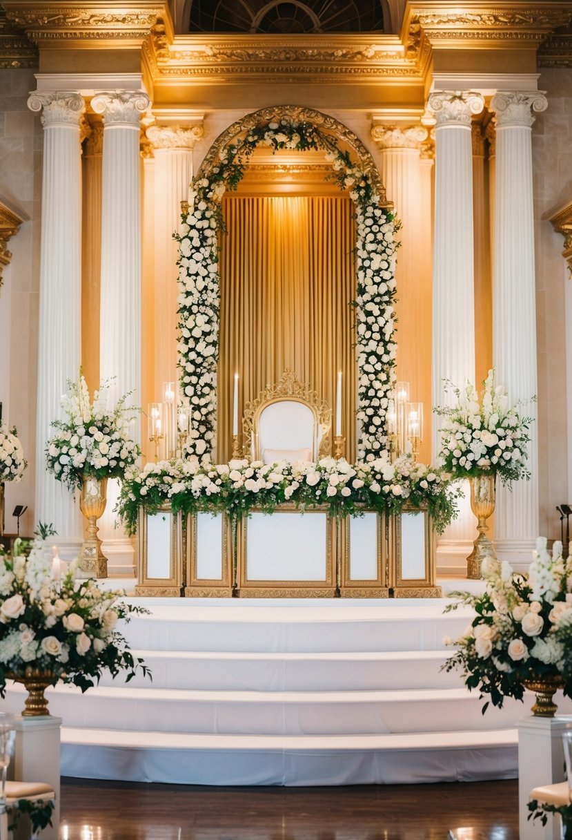 A grand wedding altar adorned with gold and white decorations, exuding elegance and opulence