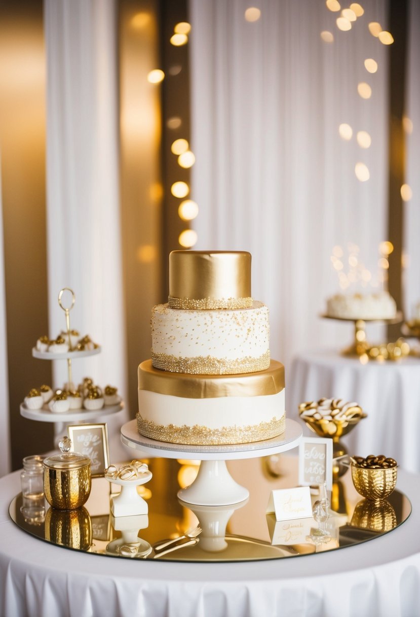 A stylish dessert table with gold and white decor for a wedding